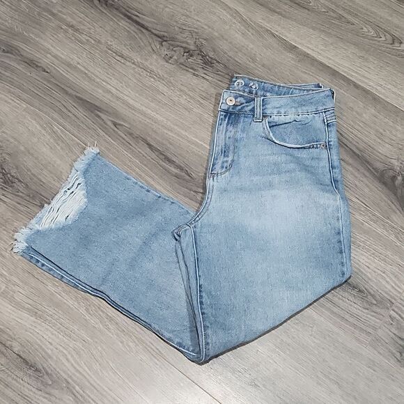 Rewash Rugged Raw Hem Soft High Waisted Wide Leg Cropped Jeans - Picture 1 of 5